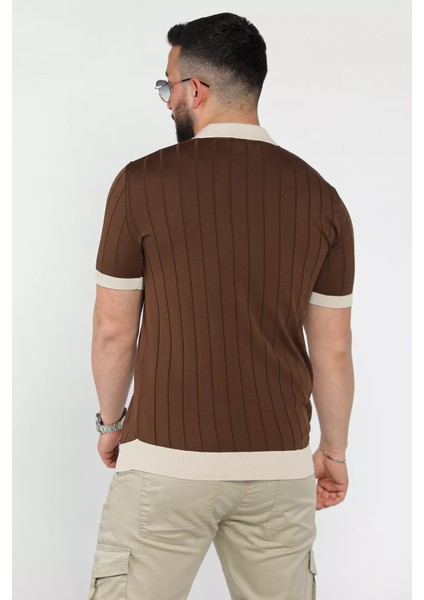 Erkek Polo Yaka Kendinden Çizgi Desenli Renk Garnili Triko Tişört P-00016875 modelleri