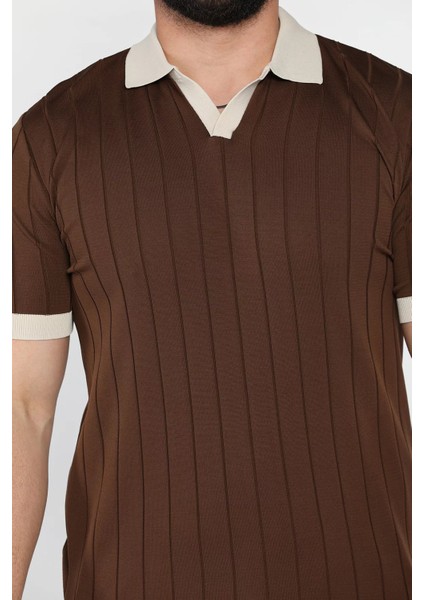 Erkek Polo Yaka Kendinden Çizgi Desenli Renk Garnili Triko Tişört P-00016875 fırsatları