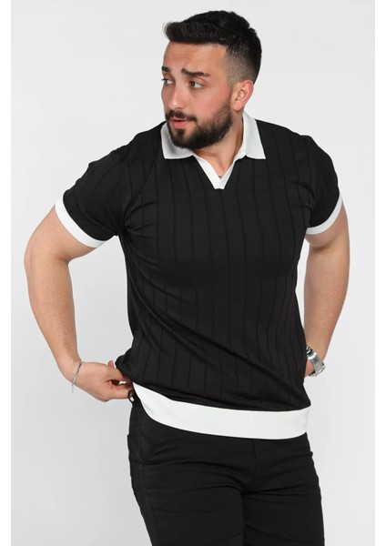Erkek Polo Yaka Kendinden Çizgi Desenli Renk Garnili Triko Tişört P-00016875 fiyatları