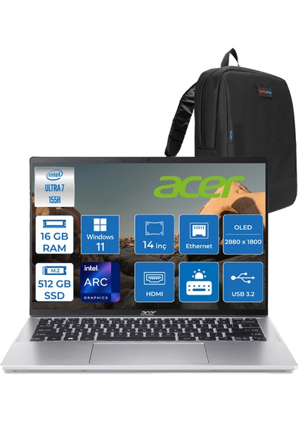 Swift Go Ultra 7 155H 16GB LPDDR5X 512GB 14" 2.8k (2880 x 1800) OLED 90Hz Intel Arc Graphics Windows 11 Pro Taşınabilir Bilgisayar SFG147277SP01 + Zettaçanta
