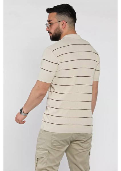 Erkek Polo Yaka Yarım Fermuarlı Çizgi Desenli Triko Tişört P-00016876 modelleri