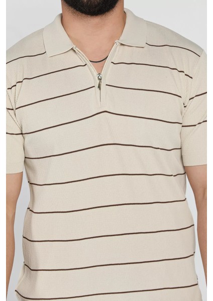 Erkek Polo Yaka Yarım Fermuarlı Çizgi Desenli Triko Tişört P-00016876 fırsatları