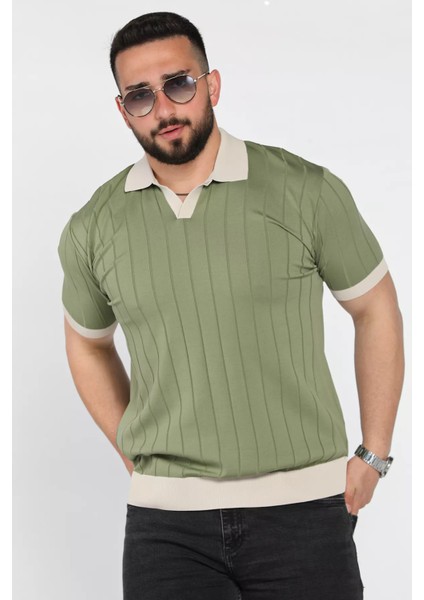 Erkek Polo Yaka Kendinden Çizgi Desenli Renk Garnili Triko Tişört P-00016875