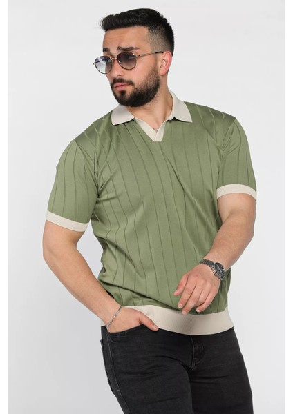 Erkek Polo Yaka Kendinden Çizgi Desenli Renk Garnili Triko Tişört P-00016875 fiyatları