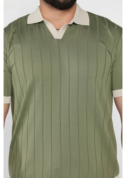 Erkek Polo Yaka Kendinden Çizgi Desenli Renk Garnili Triko Tişört P-00016875 fırsatları