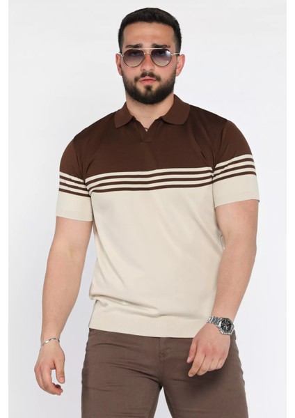 Erkek Polo Yaka Çizgi Desenli Çift Renkli Triko Tişört P-00016790