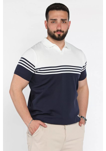 Erkek Polo Yaka Çizgi Desenli Çift Renkli Triko Tişört P-00016790