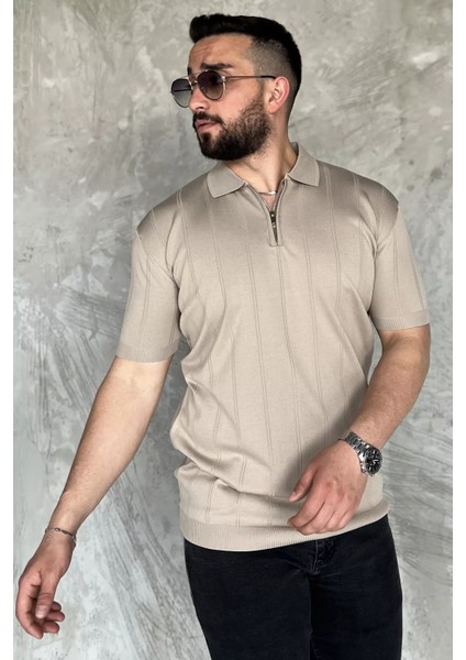 Erkek Bisiklet Yaka Yarım Fermuarlı Triko Tişört P-00016832