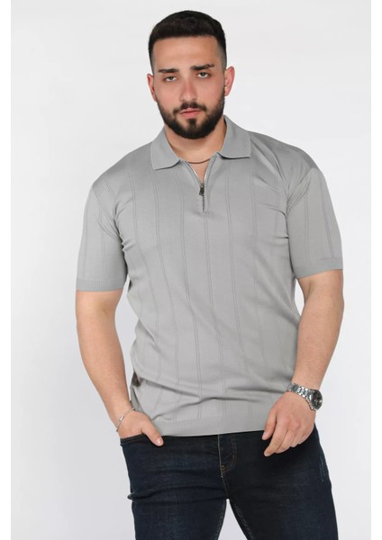 Erkek Bisiklet Yaka Yarım Fermuarlı Triko Tişört P-00016832