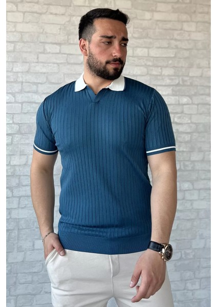 Erkek Polo Yaka Kendinden Çizgi Desenli Triko Tişört P-00016750