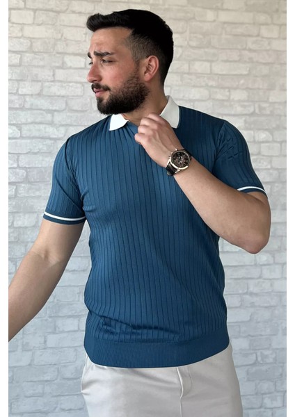 Erkek Polo Yaka Kendinden Çizgi Desenli Triko Tişört P-00016750 fiyatları