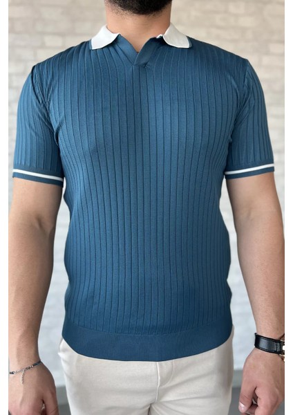 Erkek Polo Yaka Kendinden Çizgi Desenli Triko Tişört P-00016750 fırsatları