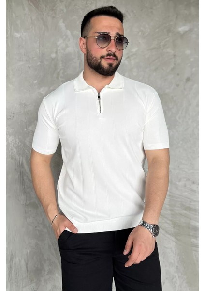 Erkek Bisiklet Yaka Yarım Fermuarlı Triko Tişört P-00016832