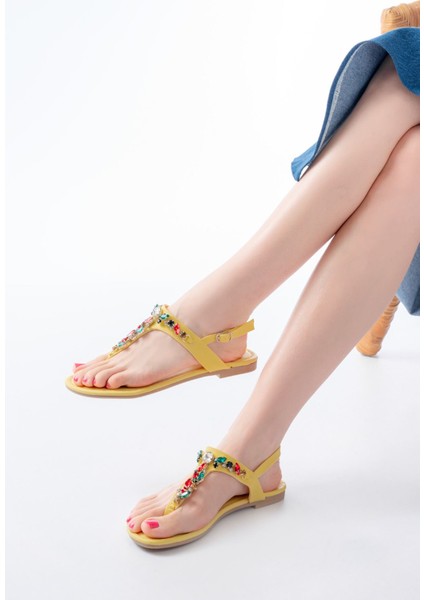 152-1110 Sarı Multi Taşlı Parmak Arası Kadın Sandalet fiyatları