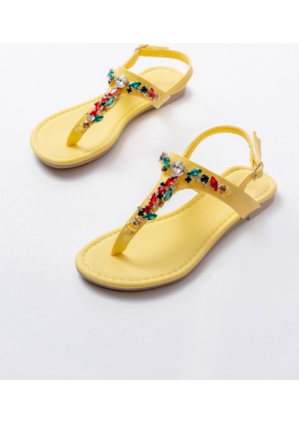 152-1110 Sarı Multi Taşlı Parmak Arası Kadın Sandalet modelleri