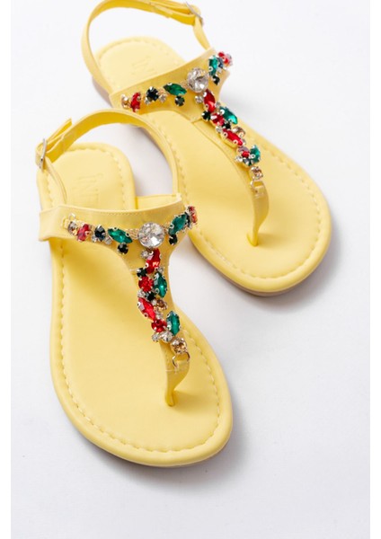 152-1110 Sarı Multi Taşlı Parmak Arası Kadın Sandalet fırsatları