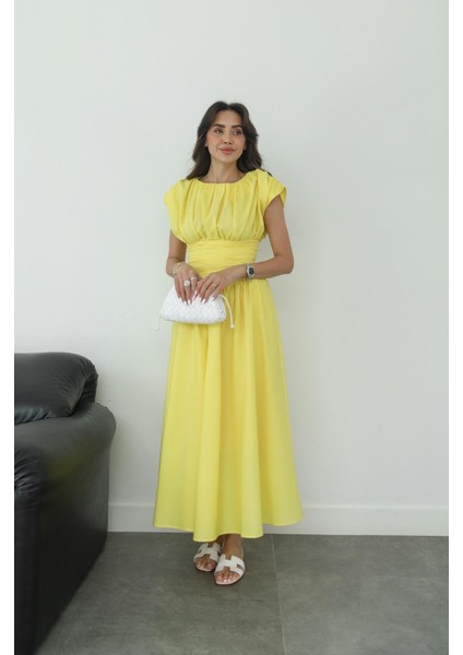 Sarı Vintage Esintili Drapeli Elbise