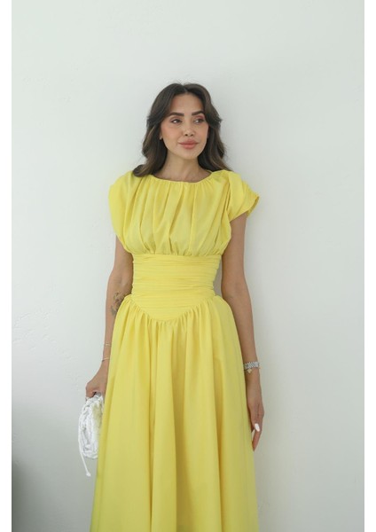 Sarı Vintage Esintili Drapeli Elbise