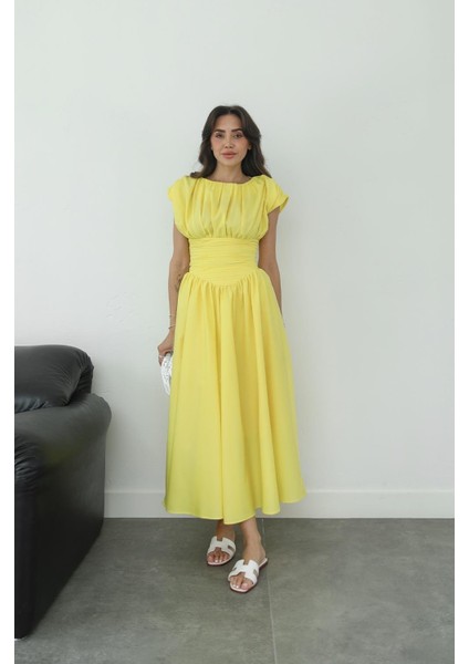 Sarı Vintage Esintili Drapeli Elbise