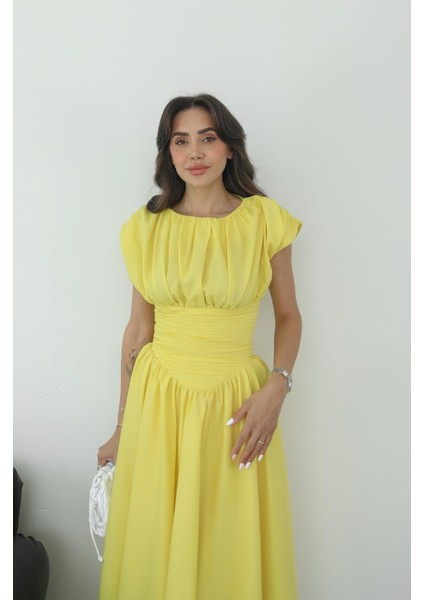 Sarı Vintage Esintili Drapeli Elbise