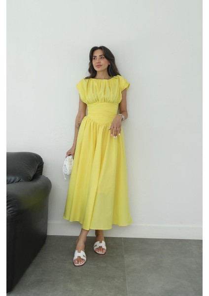Sarı Vintage Esintili Drapeli Elbise