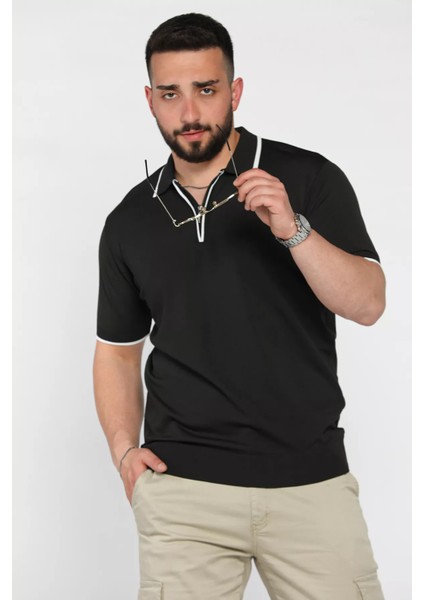 Erkek Polo Yaka Yarım Fermuarlı Şerit Detaylı Triko Tişört P-00016877