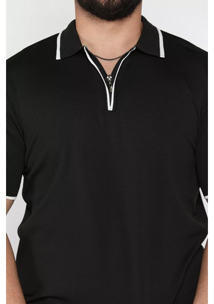 Erkek Polo Yaka Yarım Fermuarlı Şerit Detaylı Triko Tişört P-00016877 fırsatları