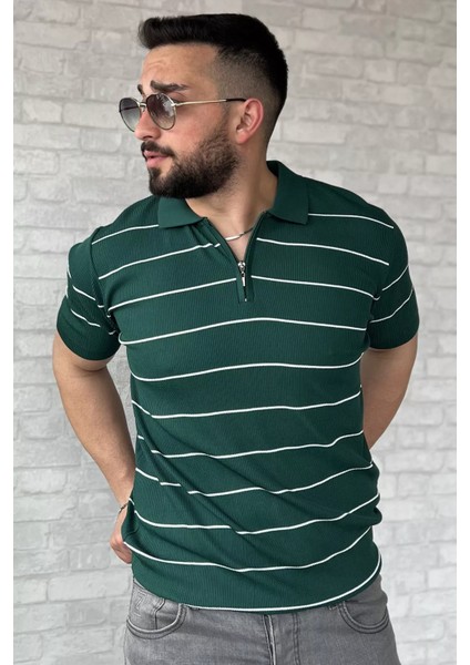 Erkek Polo Yaka Yarım Fermuarlı Çizgi Desenli Triko Tişört P-00016876 fiyatları