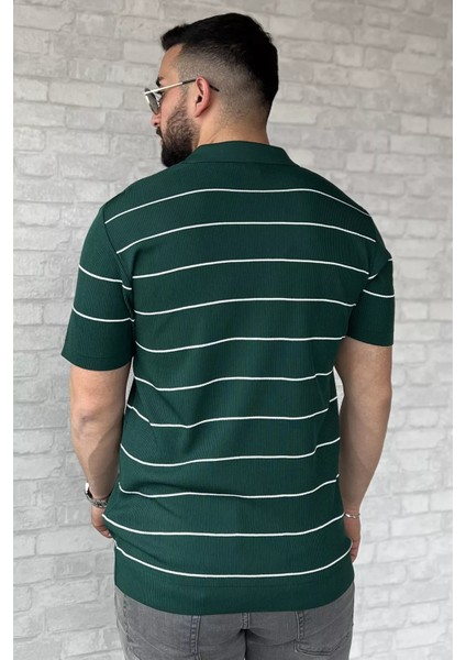 Erkek Polo Yaka Yarım Fermuarlı Çizgi Desenli Triko Tişört P-00016876 modelleri