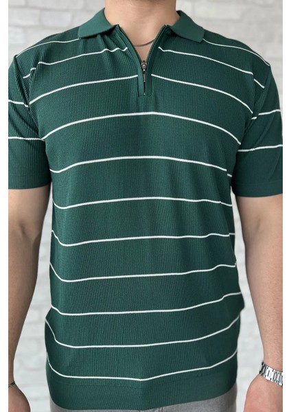 Erkek Polo Yaka Yarım Fermuarlı Çizgi Desenli Triko Tişört P-00016876 fırsatları