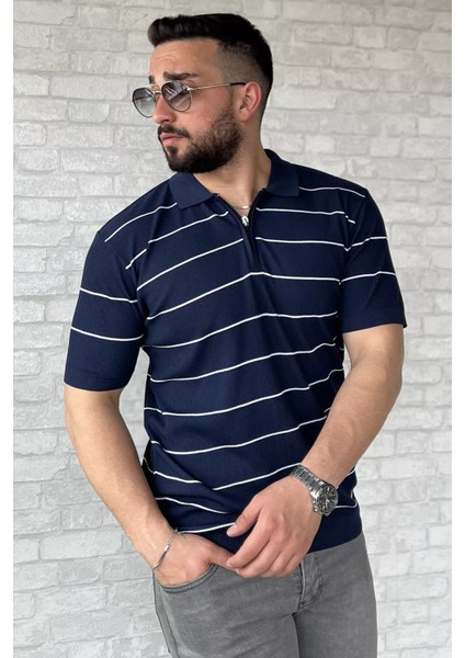 Erkek Polo Yaka Yarım Fermuarlı Çizgi Desenli Triko Tişört P-00016876 fiyatları