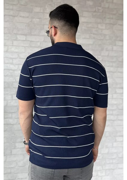 Erkek Polo Yaka Yarım Fermuarlı Çizgi Desenli Triko Tişört P-00016876 modelleri