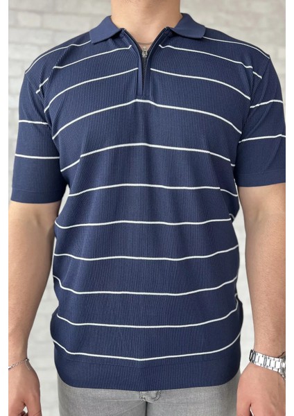 Erkek Polo Yaka Yarım Fermuarlı Çizgi Desenli Triko Tişört P-00016876 fırsatları