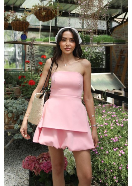 Pembe Altı Balon Straplez Elbise