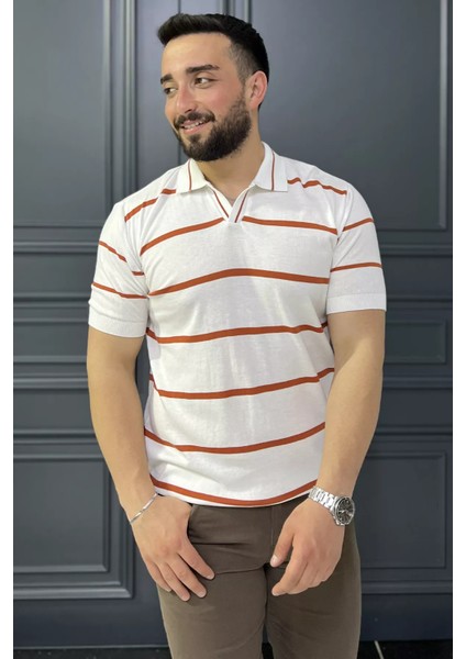 Erkek Polo Yaka Çizgi Desenli Triko Tişört P-00016792