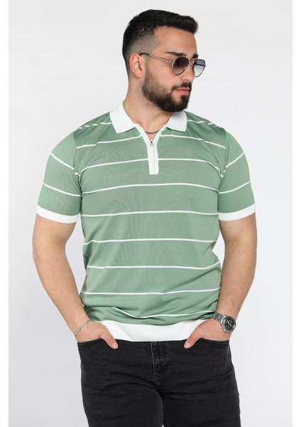 Erkek Polo Yaka Yarım Fermuarlı Çizgi Desenli Triko Tişört P-00016808