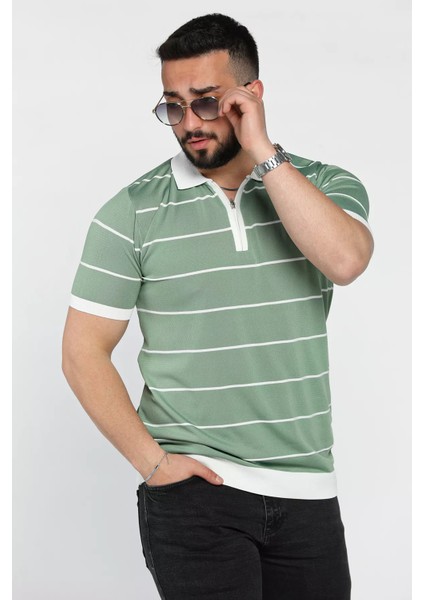 Erkek Polo Yaka Yarım Fermuarlı Çizgi Desenli Triko Tişört P-00016808 fiyatları