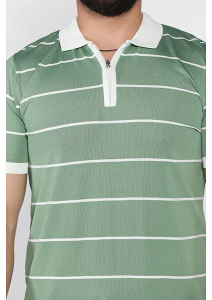 Erkek Polo Yaka Yarım Fermuarlı Çizgi Desenli Triko Tişört P-00016808 fırsatları