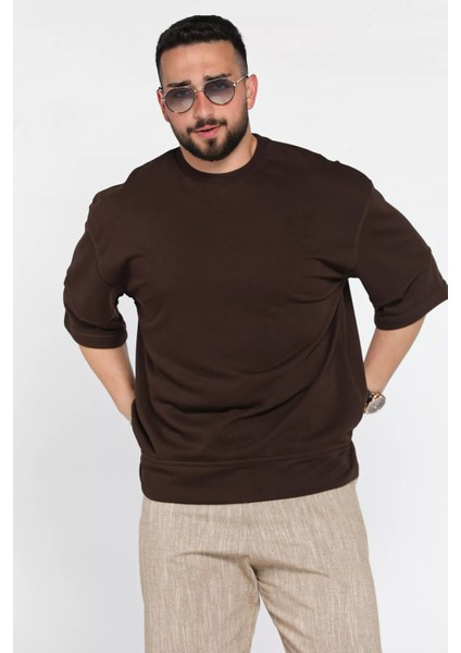 Erkek Bisiklet Yaka Dikiş Detaylı Oversize Tişört P-00016194