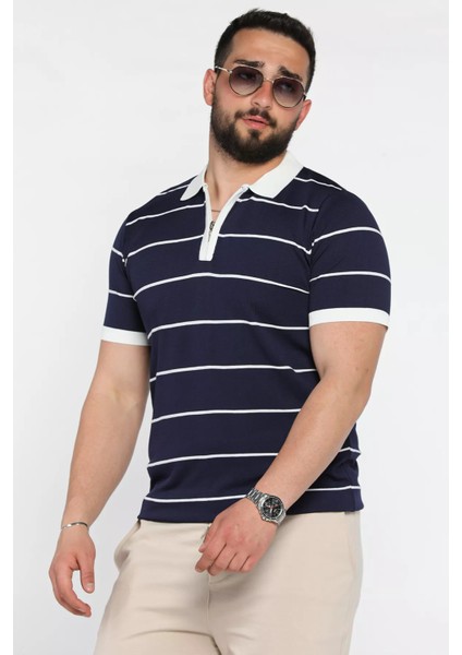 Erkek Polo Yaka Yarım Fermuarlı Çizgi Desenli Triko Tişört P-00016808 fiyatları