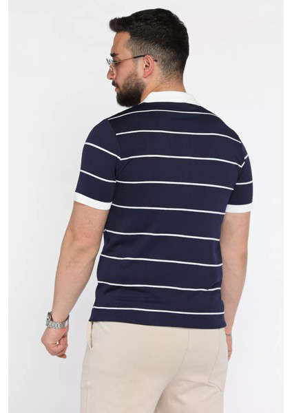 Erkek Polo Yaka Yarım Fermuarlı Çizgi Desenli Triko Tişört P-00016808 modelleri