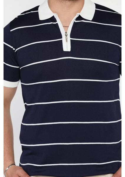 Erkek Polo Yaka Yarım Fermuarlı Çizgi Desenli Triko Tişört P-00016808 fırsatları