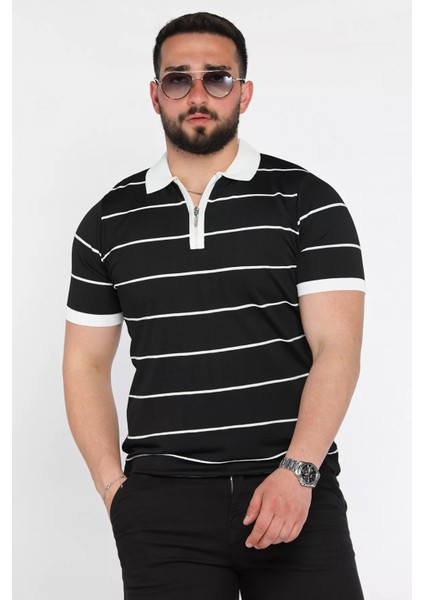 Erkek Polo Yaka Yarım Fermuarlı Çizgi Desenli Triko Tişört P-00016808
