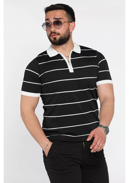Erkek Polo Yaka Yarım Fermuarlı Çizgi Desenli Triko Tişört P-00016808 fiyatları