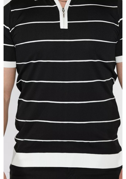 Erkek Polo Yaka Yarım Fermuarlı Çizgi Desenli Triko Tişört P-00016808 fırsatları