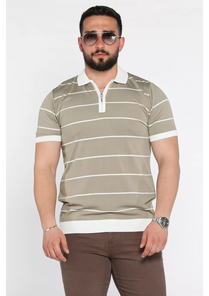 Erkek Polo Yaka Yarım Fermuarlı Çizgi Desenli Triko Tişört P-00016808
