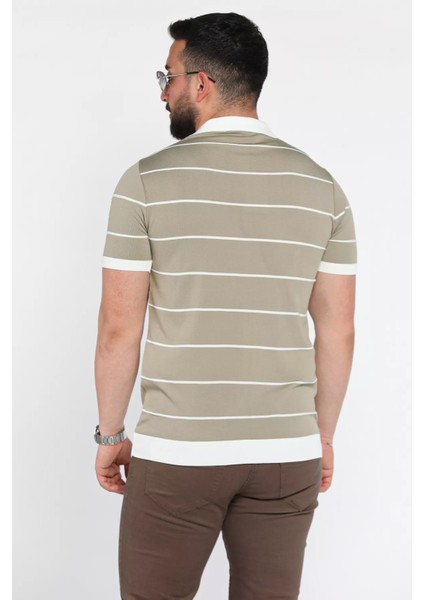 Erkek Polo Yaka Yarım Fermuarlı Çizgi Desenli Triko Tişört P-00016808 modelleri