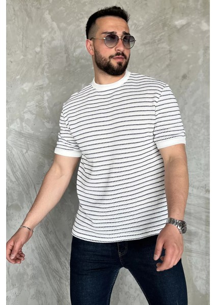 Çizgili Bisiklet Yaka Erkek Tişört P-00016826