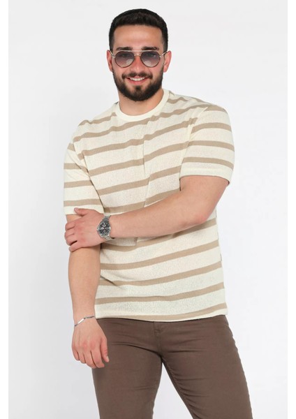 Erkek Bisiklet Yaka Şerit Desenli Örme Tişört P-00015565