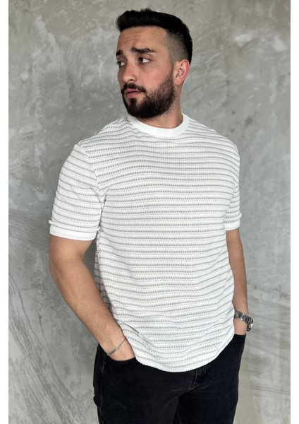 Çizgili Bisiklet Yaka Erkek Tişört P-00016826